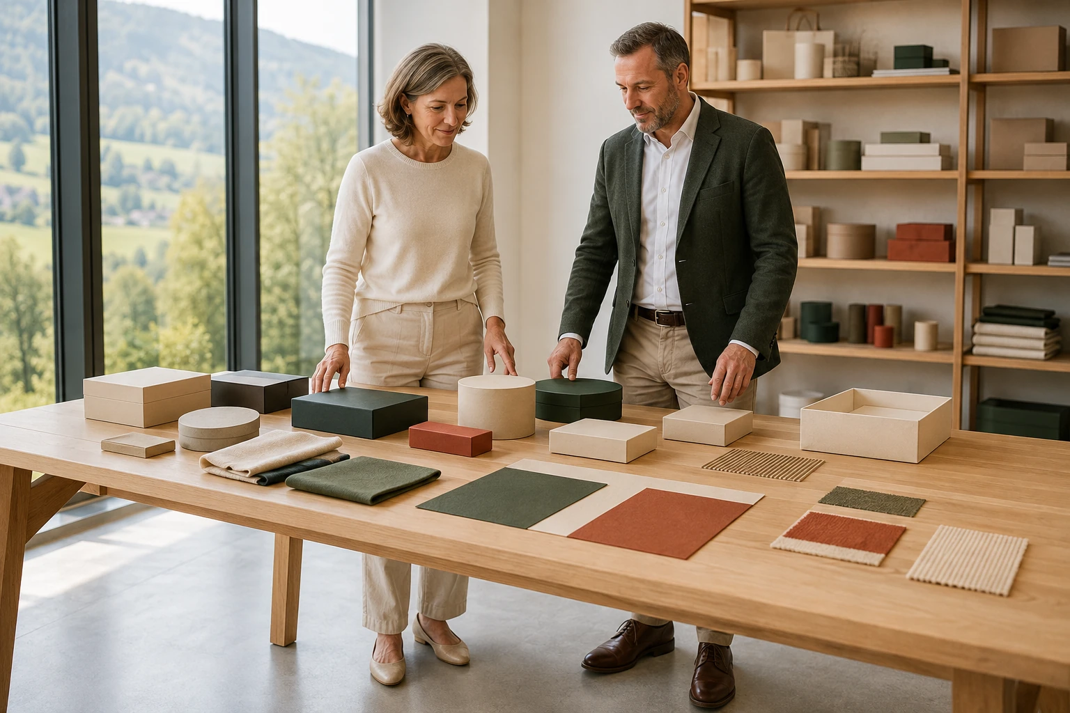 Gründerin und Interessent betrachten neutrale Verpackungsformen und Materialmuster in einem Markenstudio
