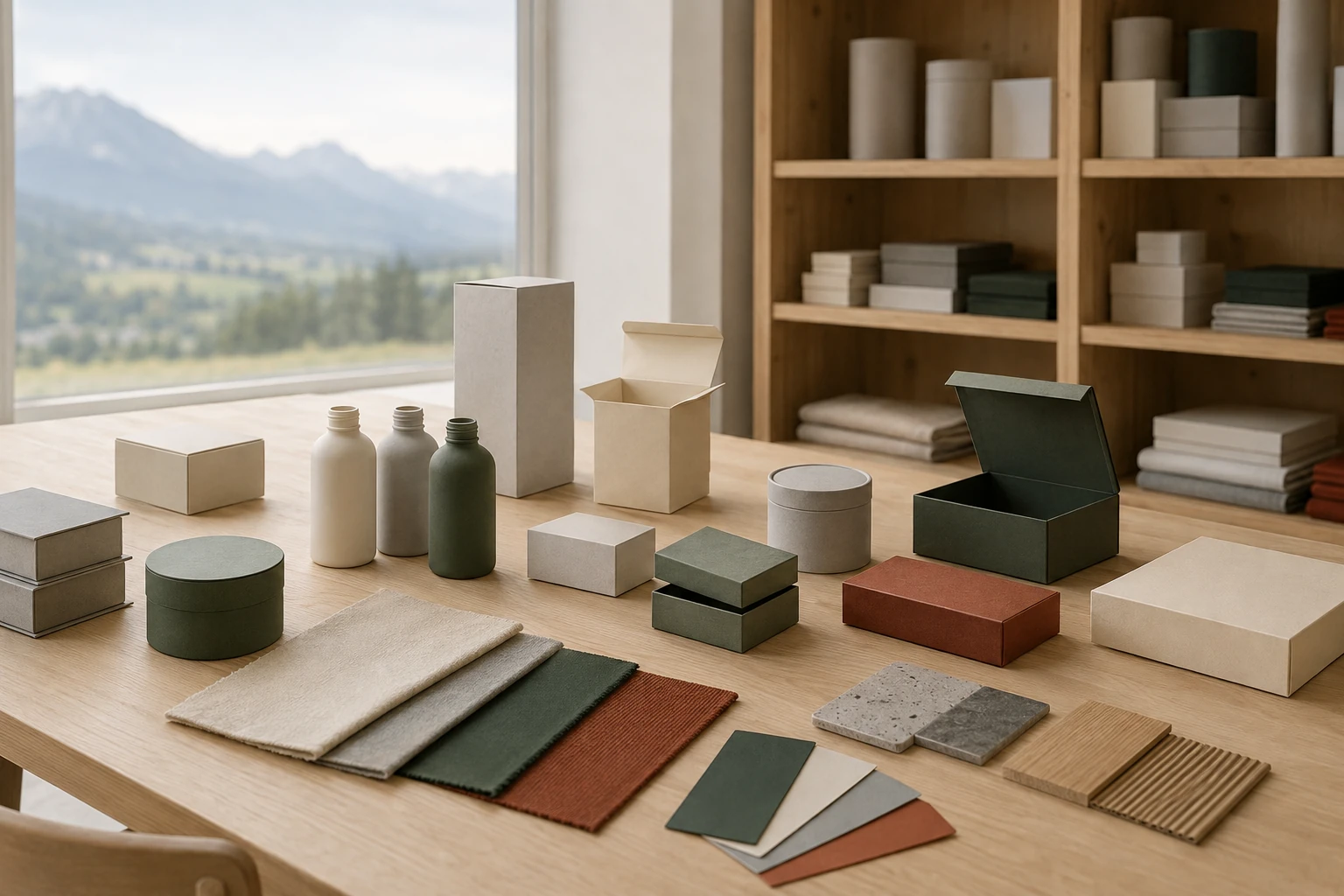 Neutrale Verpackungsformen, Materialproben und Farbflächen auf einem hellen Arbeitstisch